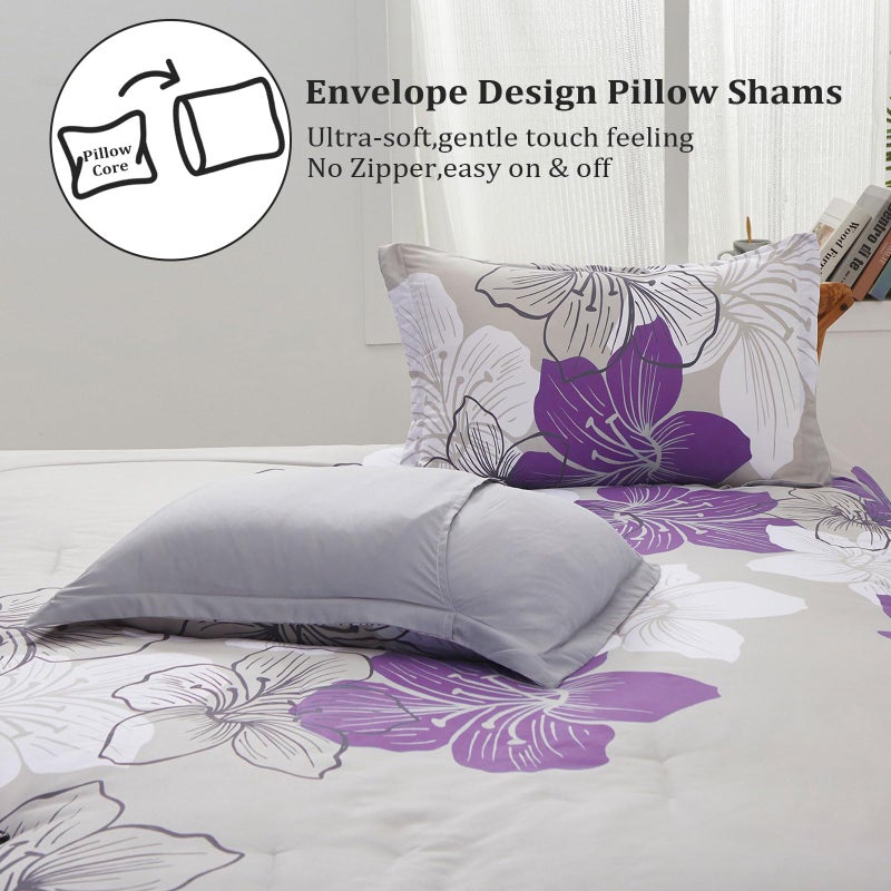 Menghomeus Queen Comforter Set Purple Floral Pattern Printed on Grey  Soft Microfiber Bedding Set Lightweight Bed Comforter Set for All Season (1 Comforter  2 Pillowcases) - Image 5